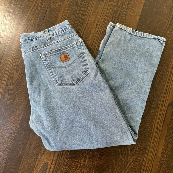 Carhartt Jeans Men 38x30 B155 DST Blue Fleece Lined Straight Relaxed Work Pants - Picture 1 of 11